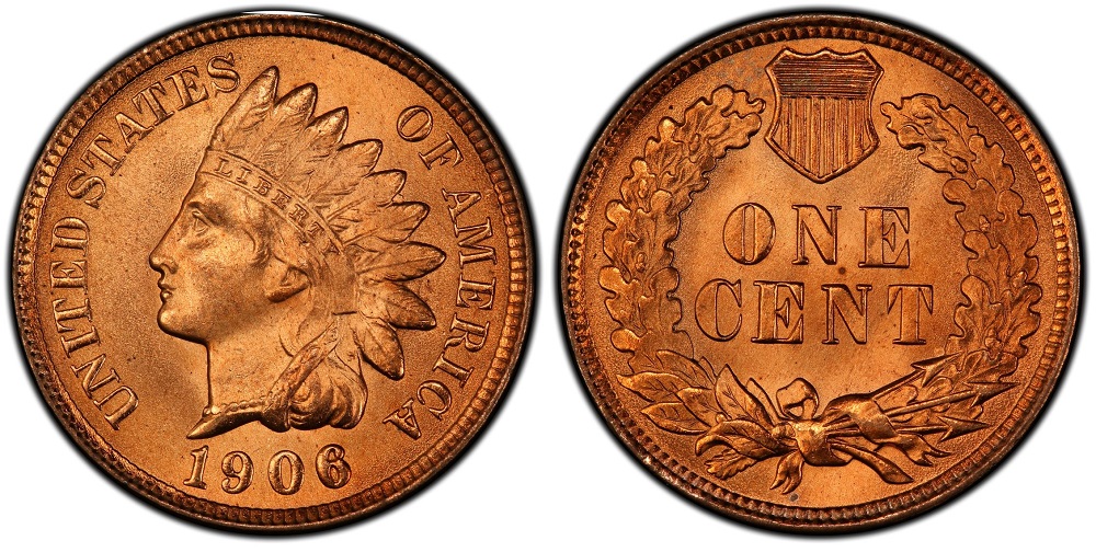 1906 Indian Head Penny obverse and reverse showing Liberty in headdress and oak wreath design