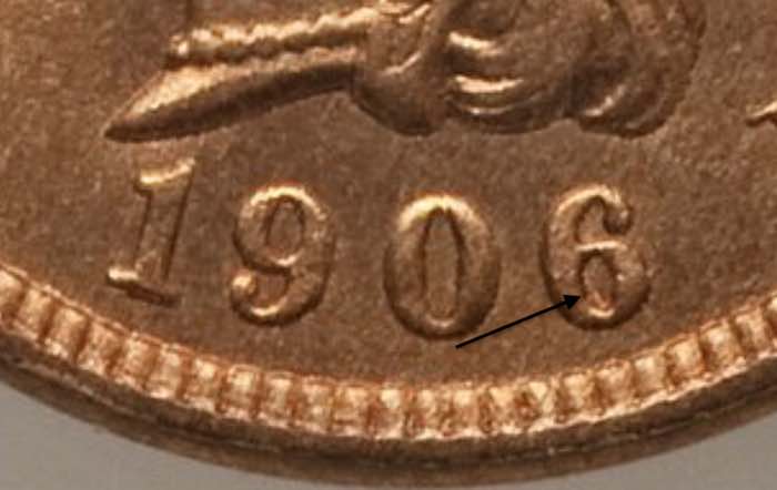 Side-by-side comparison of normal 1906 Indian Head penny date versus Snow-20 overdate showing ghost of 1905 '5' beneath the '6'