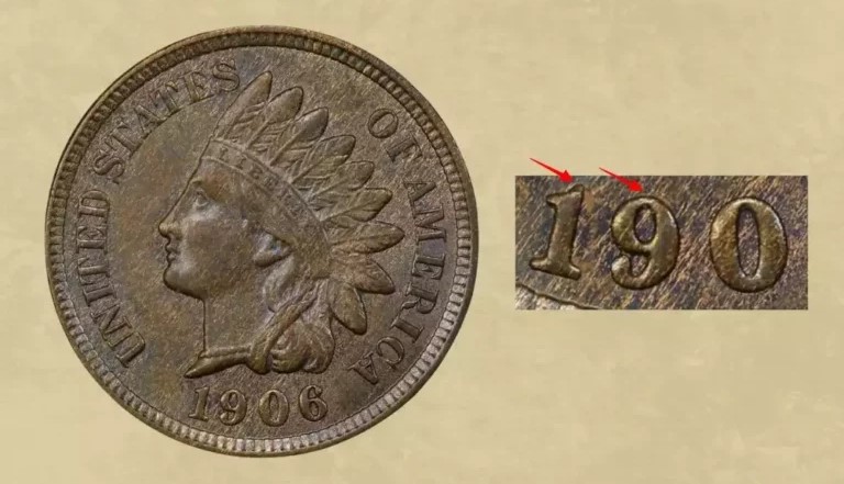 1906 Indian Head penny RPD-001 repunched date close-up showing extra ghost impressions beneath the '1' and '9' digits