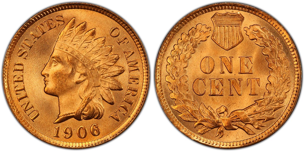 1906 Indian Head penny grading strip showing four condition tiers from Good through Gem Uncirculated side by side